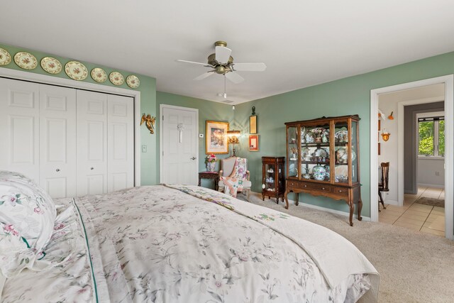 33 Lakeview Ln, Harrison, ME 04040 - carpeted bedroom with a closet, ceiling fan, and tile patterned floors