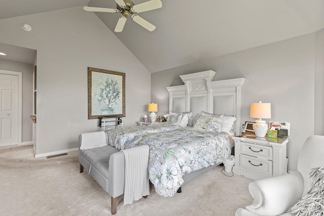 33 Lakeview Ln, Harrison, ME 04040 - bedroom featuring light carpet, high vaulted ceiling, and ceiling fan