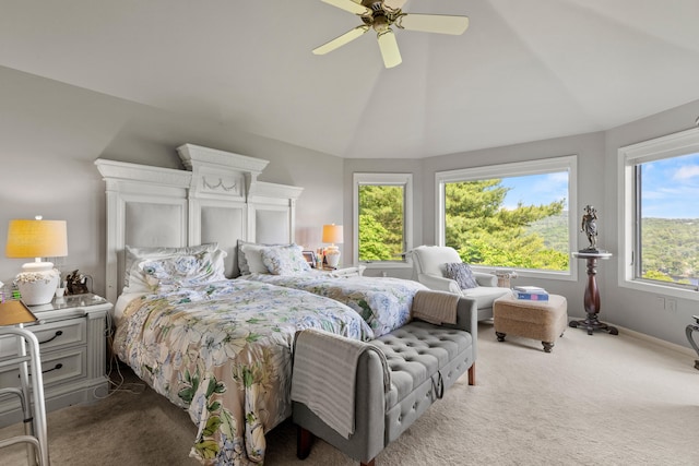 33 Lakeview Ln, Harrison, ME 04040 - bedroom featuring dark carpet, vaulted ceiling, and ceiling fan