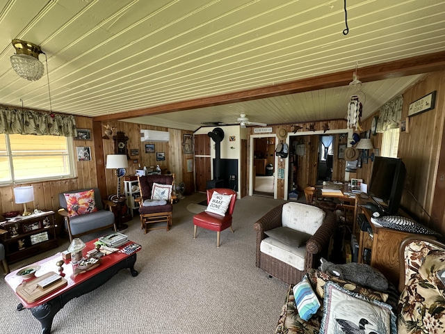50 Forget Me Not Ln, Orient, ME 04471 - carpeted living area with a wall mounted AC, wooden walls, wooden ceiling, and a wood stove