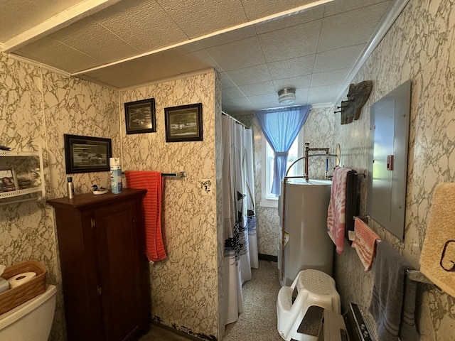 50 Forget Me Not Ln, Orient, ME 04471 - bathroom with water heater, electric panel, wallpapered walls, and a shower with curtain