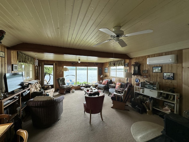 50 Forget Me Not Ln, Orient, ME 04471 - carpeted living area featuring a wall unit AC, wooden walls, a ceiling fan, wooden ceiling, and lofted ceiling