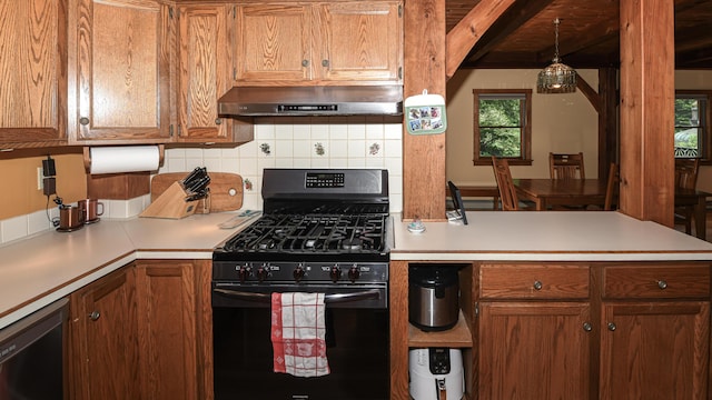 370 Center Conway Rd, Brownfield, ME 04010 - kitchen with black range with gas stovetop, exhaust hood, a peninsula, light countertops, and brown cabinets
