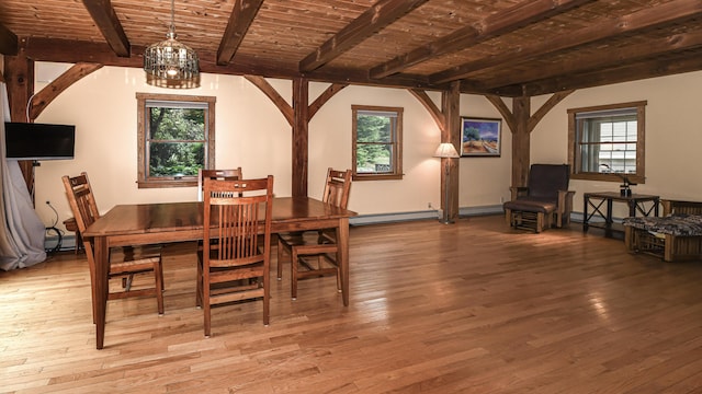 370 Center Conway Rd, Brownfield, ME 04010 - dining area with hardwood / wood-style flooring, a baseboard radiator, healthy amount of natural light, and a wooden ceiling with exposed beams