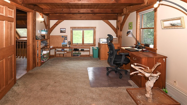 370 Center Conway Rd, Brownfield, ME 04010 - office area featuring carpet and a wooden ceiling with exposed beams