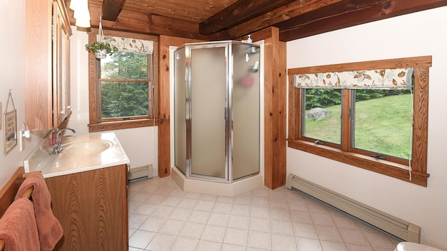 370 Center Conway Rd, Brownfield, ME 04010 - bathroom with baseboard heating, vanity, a shower stall, a wood ceiling with exposed beams, and tile patterned flooring