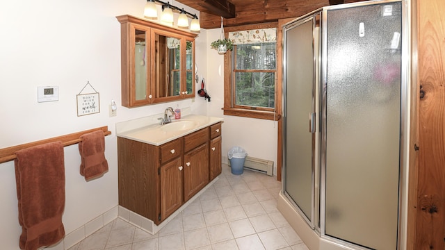 370 Center Conway Rd, Brownfield, ME 04010 - full bath featuring vanity, a stall shower, tile patterned floors, a baseboard heating unit, and beamed ceiling