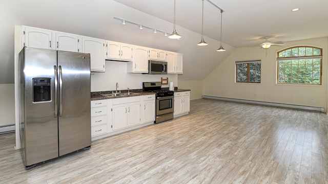 370 Center Conway Rd, Brownfield, ME 04010 - kitchen featuring appliances with stainless steel finishes, a baseboard heating unit, white cabinetry, ceiling fan, and light wood-style flooring