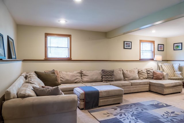 9 Kennebec Cir, Bath, ME 04530 - living room featuring light carpet, plenty of natural light, and recessed lighting