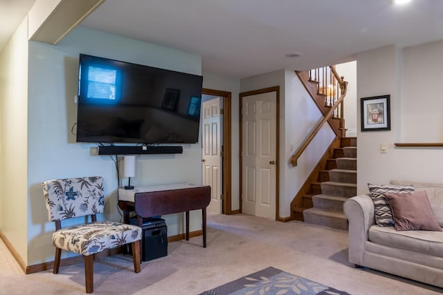 9 Kennebec Cir, Bath, ME 04530 - living room featuring stairway and light colored carpet