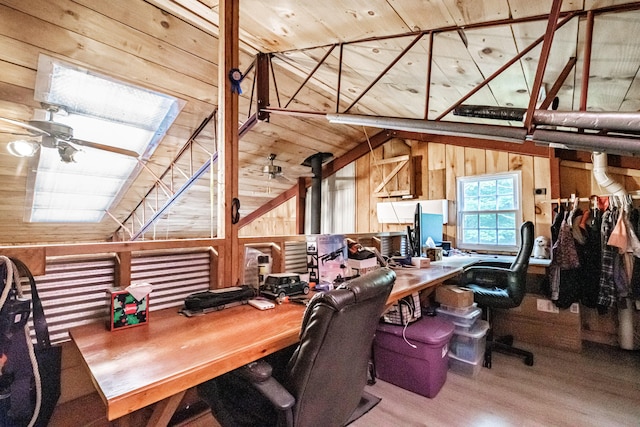 41 Dundee Rd, Albany Twp, ME 04217 - home office with wood finished floors, ceiling fan, wooden walls, and lofted ceiling