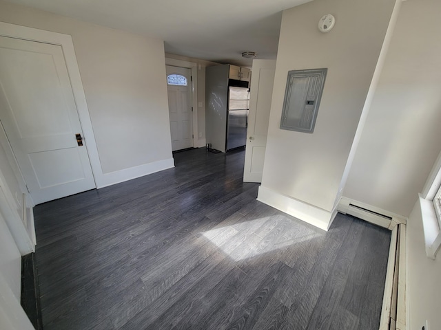 59 Washington St, Biddeford, ME 04005 - spare room featuring electric panel, dark wood-type flooring, baseboard heating, a smoke detector, and a baseboard heating unit