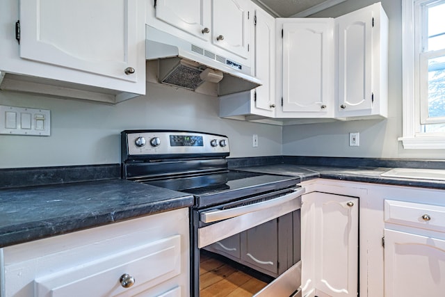 52 Mckinley St, South Portland, ME 04106 - kitchen featuring stainless steel range with electric cooktop, under cabinet range hood, and white cabinetry