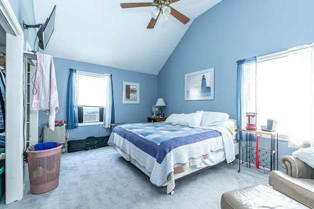 37 Paul St, York, ME 03909 - bedroom with cooling unit, vaulted ceiling, carpet, and a ceiling fan