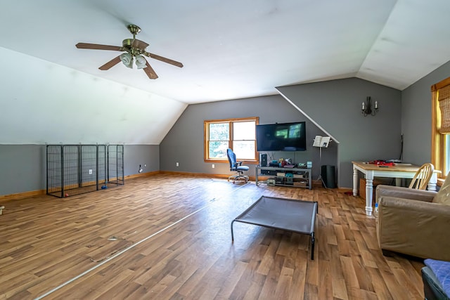 37 Paul St, York, ME 03909 - living room featuring vaulted ceiling, ceiling fan, and wood finished floors
