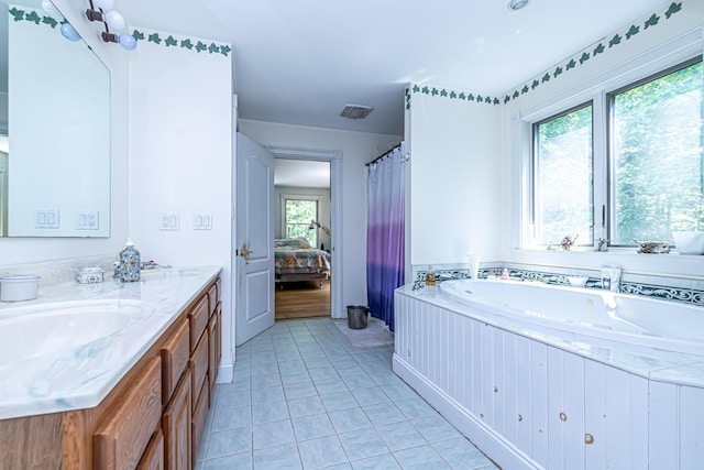 37 Paul St, York, ME 03909 - full bathroom featuring vanity, a garden tub, tile patterned flooring, and curtained shower