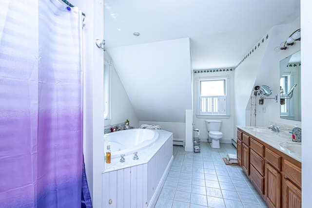 37 Paul St, York, ME 03909 - bathroom featuring a garden tub, tile patterned floors, double vanity, and a baseboard heating unit