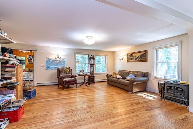 37 Paul St, York, ME 03909 - living room with light wood-type flooring, baseboard heating, healthy amount of natural light, and a wood stove