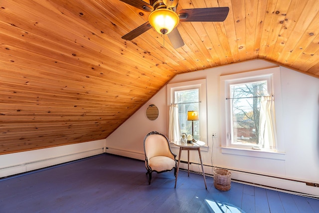 82 Park Ave, Old Orchard Beach, ME 04064 - additional living space with lofted ceiling, wooden ceiling, dark wood-type flooring, a ceiling fan, and baseboard heating