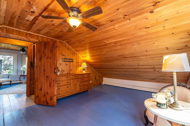 82 Park Ave, Old Orchard Beach, ME 04064 - living area featuring wood ceiling, lofted ceiling, hardwood / wood-style floors, a ceiling fan, and wooden walls