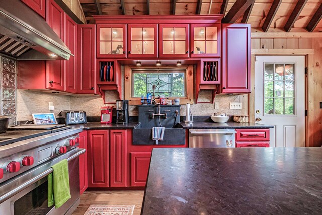 34 Alpine Shores Rd, Woodstock, ME 04219 - kitchen featuring extractor fan, stainless steel appliances, reddish brown cabinets, backsplash, and wooden ceiling