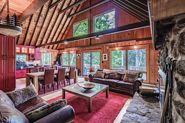 34 Alpine Shores Rd, Woodstock, ME 04219 - living room featuring high vaulted ceiling, wood walls, a wooden ceiling with exposed beams, a fireplace, and light wood-style floors