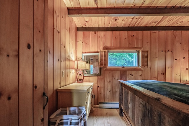 34 Alpine Shores Rd, Woodstock, ME 04219 - bedroom with a baseboard radiator, a wood ceiling with exposed beams, wood finished floors, and wood walls