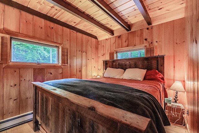 34 Alpine Shores Rd, Woodstock, ME 04219 - bedroom featuring a baseboard radiator, wooden walls, multiple windows, wood finished floors, and a wood ceiling with exposed beams