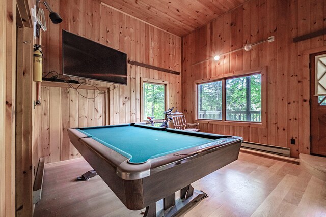 34 Alpine Shores Rd, Woodstock, ME 04219 - game room featuring wooden walls, wood finished floors, billiards table, a baseboard radiator, and wood ceiling