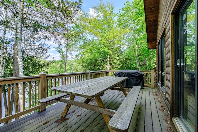 34 Alpine Shores Rd, Woodstock, ME 04219 - wooden terrace featuring a grill and outdoor dining space
