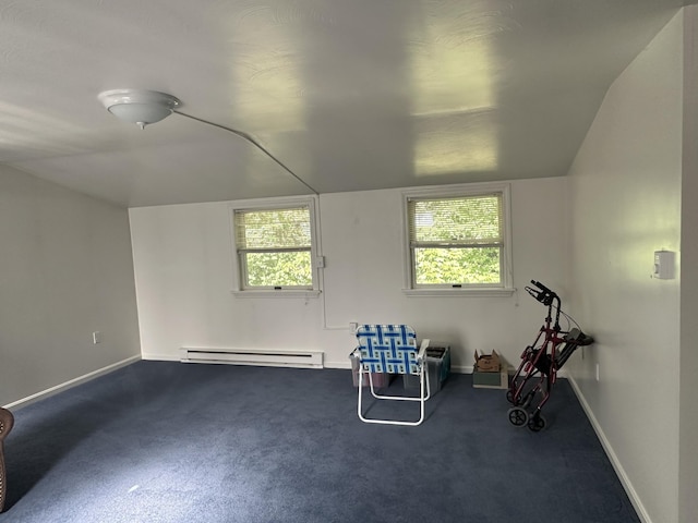 37 Cortland Cir Unit 37, Bangor, ME 04401 - unfurnished room featuring baseboard heating, dark carpet, vaulted ceiling, and plenty of natural light