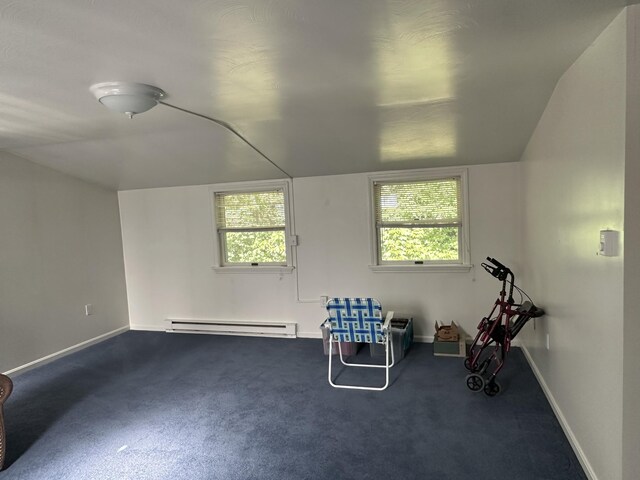 37 Cortland Cir Unit 37, Bangor, ME 04401 - unfurnished room featuring baseboard heating, dark carpet, vaulted ceiling, and plenty of natural light