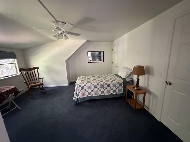 37 Cortland Cir Unit 37, Bangor, ME 04401 - bedroom with dark carpet, vaulted ceiling, and ceiling fan