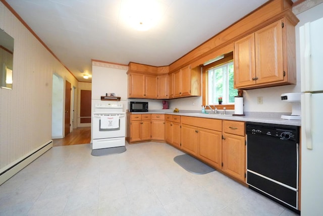 12 Davis Dr, Veazie, ME 04401 - kitchen featuring black appliances, baseboard heating, light countertops, and crown molding
