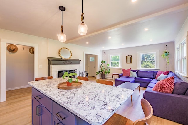 221 Lincolnville Ave, Belfast, ME 04915 - kitchen with open floor plan, a fireplace, light wood-style floors, light stone counters, and recessed lighting