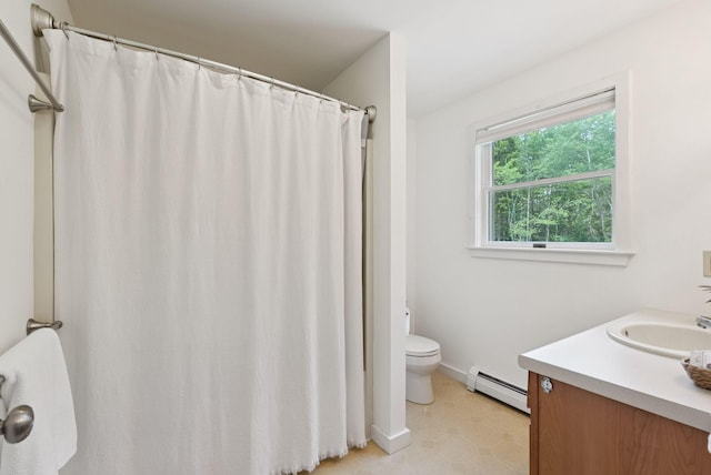 27 Libby Ln, Brunswick, ME 04011 - bathroom with a baseboard heating unit, vanity, and a shower with curtain