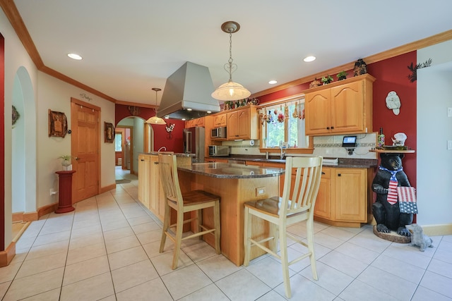 6 Grande Ave, Lewiston, ME 04240 - kitchen featuring arched walkways, island exhaust hood, crown molding, appliances with stainless steel finishes, and a center island with sink