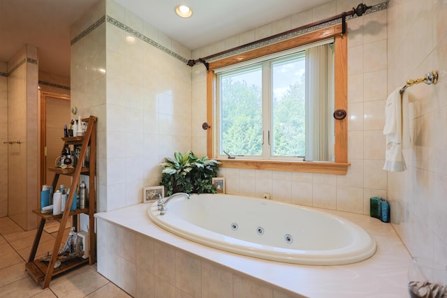 6 Grande Ave, Lewiston, ME 04240 - bathroom with a shower stall, a jetted tub, tile patterned floors, and tile walls
