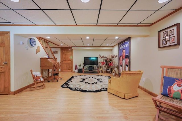 6 Grande Ave, Lewiston, ME 04240 - living room with wood finished floors, a drop ceiling, stairs, and recessed lighting