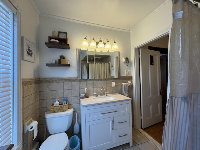 164 Lancey St, Pittsfield, ME 04967 - bathroom featuring tile patterned floors, vanity, ornamental molding, tile walls, and curtained shower