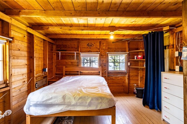21 Jung Rd, East Machias, ME 04630 - bedroom with a wooden ceiling with exposed beams, wooden walls, and light wood finished floors