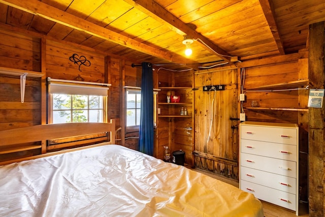21 Jung Rd, East Machias, ME 04630 - bedroom featuring a wooden ceiling with exposed beams, wooden walls, and wood finished floors