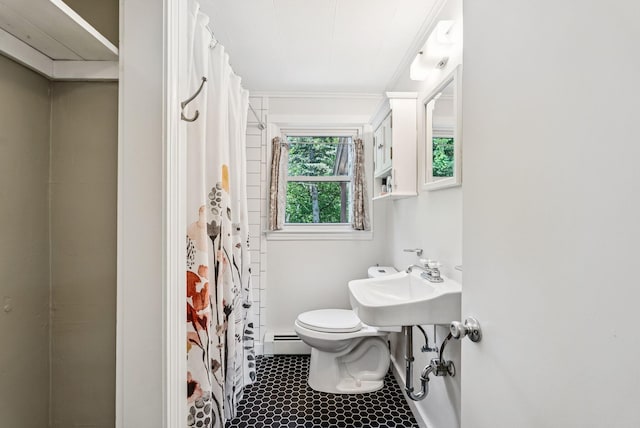 80 Merrymeeting Rd, Brunswick, ME 04011 - full bathroom with a baseboard heating unit, curtained shower, ornamental molding, and tile patterned floors