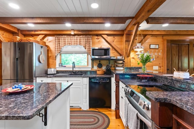 32 Lake Como Dr, Harmony, ME 04942 - kitchen featuring appliances with stainless steel finishes, light wood-type flooring, white cabinets, recessed lighting, and dark stone countertops
