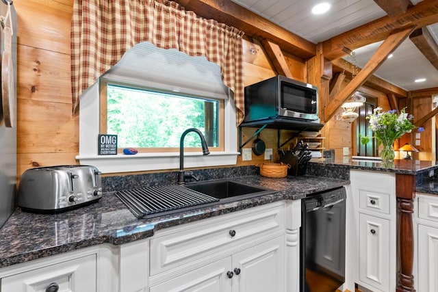 32 Lake Como Dr, Harmony, ME 04942 - kitchen featuring stainless steel microwave, dishwasher, white cabinetry, recessed lighting, and dark stone countertops