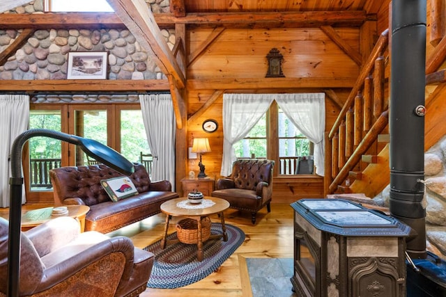 32 Lake Como Dr, Harmony, ME 04942 - living area with hardwood / wood-style flooring, stairway, and wooden walls