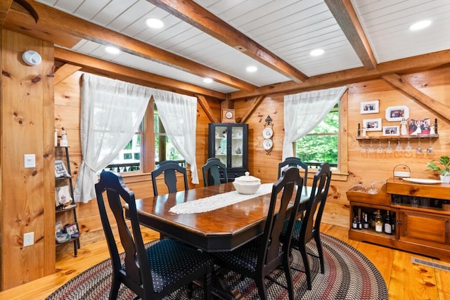 32 Lake Como Dr, Harmony, ME 04942 - dining space featuring wooden walls, wood-type flooring, recessed lighting, and a wooden ceiling with exposed beams