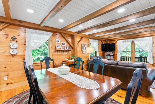 32 Lake Como Dr, Harmony, ME 04942 - dining space with light wood-type flooring, wooden walls, recessed lighting, and a wooden ceiling with exposed beams