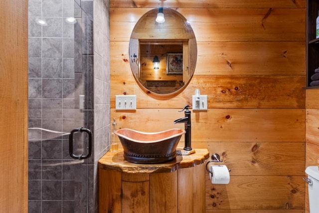 32 Lake Como Dr, Harmony, ME 04942 - full bath with vanity, a stall shower, and wooden walls