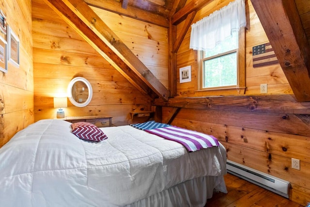 32 Lake Como Dr, Harmony, ME 04942 - bedroom with a baseboard radiator, wooden walls, and hardwood / wood-style flooring